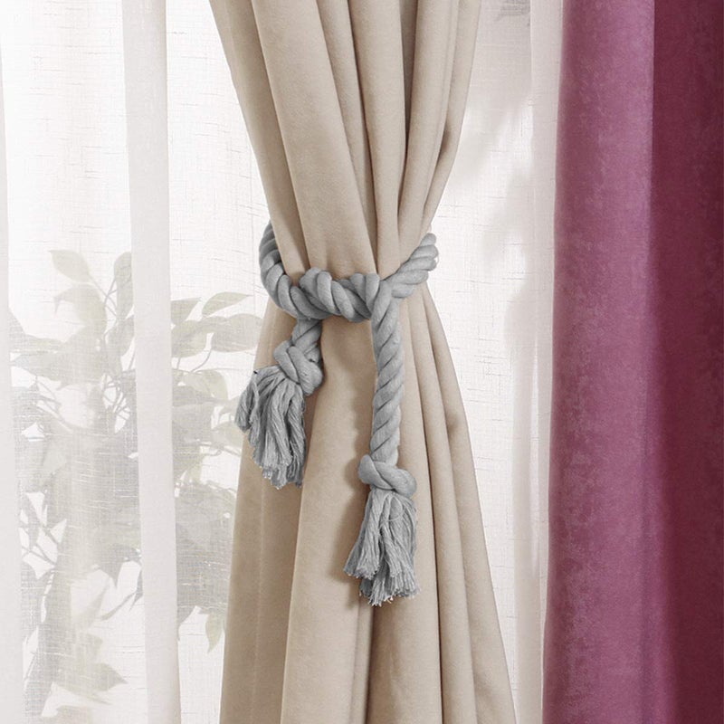 Apipi 4 Pcs Grey Natural Cotton Curtain Tiebacks- Farmhouse Style Curtain Holdback Rope Curtain Decorative Holdbacks for Rural Style Drapery Tieback - Image 4